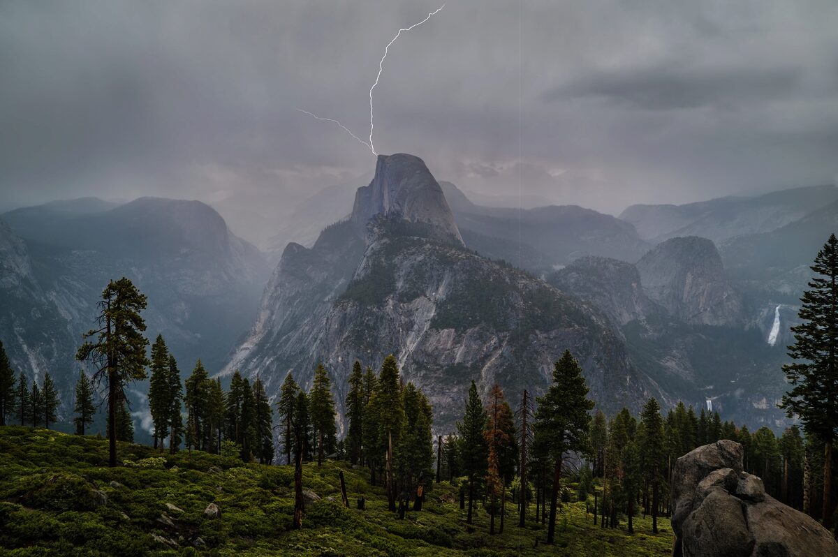 Direct Hit, Lightning Strikes Half Dome, Glacier Point, Yosemite. Lightning is relatively rare in Yosemite, but when the forecast looked promising for this July afternoon, I beelined to the park and set up at Glacier Point.