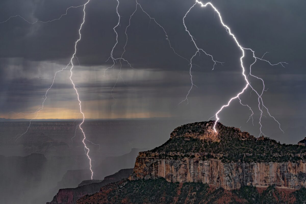 Lightning Explosion, Osa Butte, Grand Canyon North Rim. Set up on the Grand Canyon Lodge viewing deck with my workshop group, we watched this storm approach. This strike, about a mile away, was the signal to go inside.