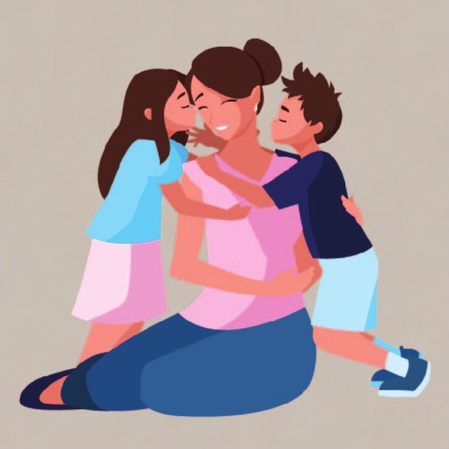 a woman hugging a boy and girl