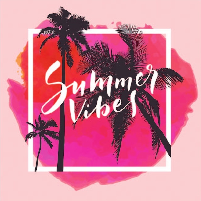 a pink background with palm trees