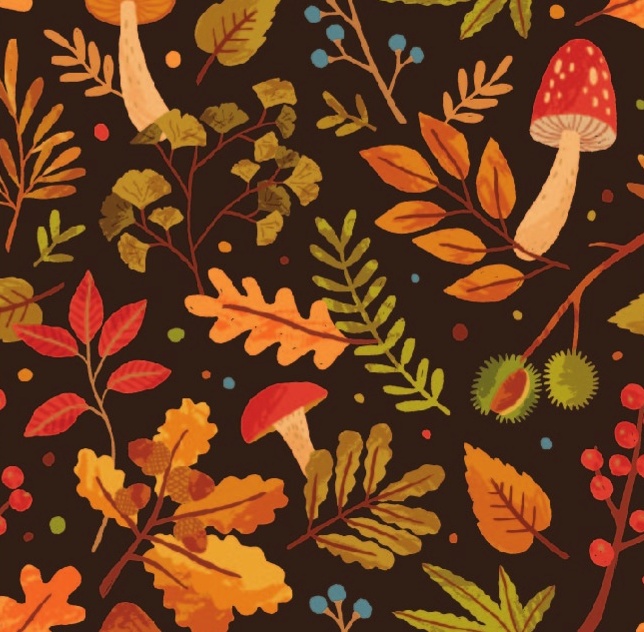 a pattern of leaves and mushrooms