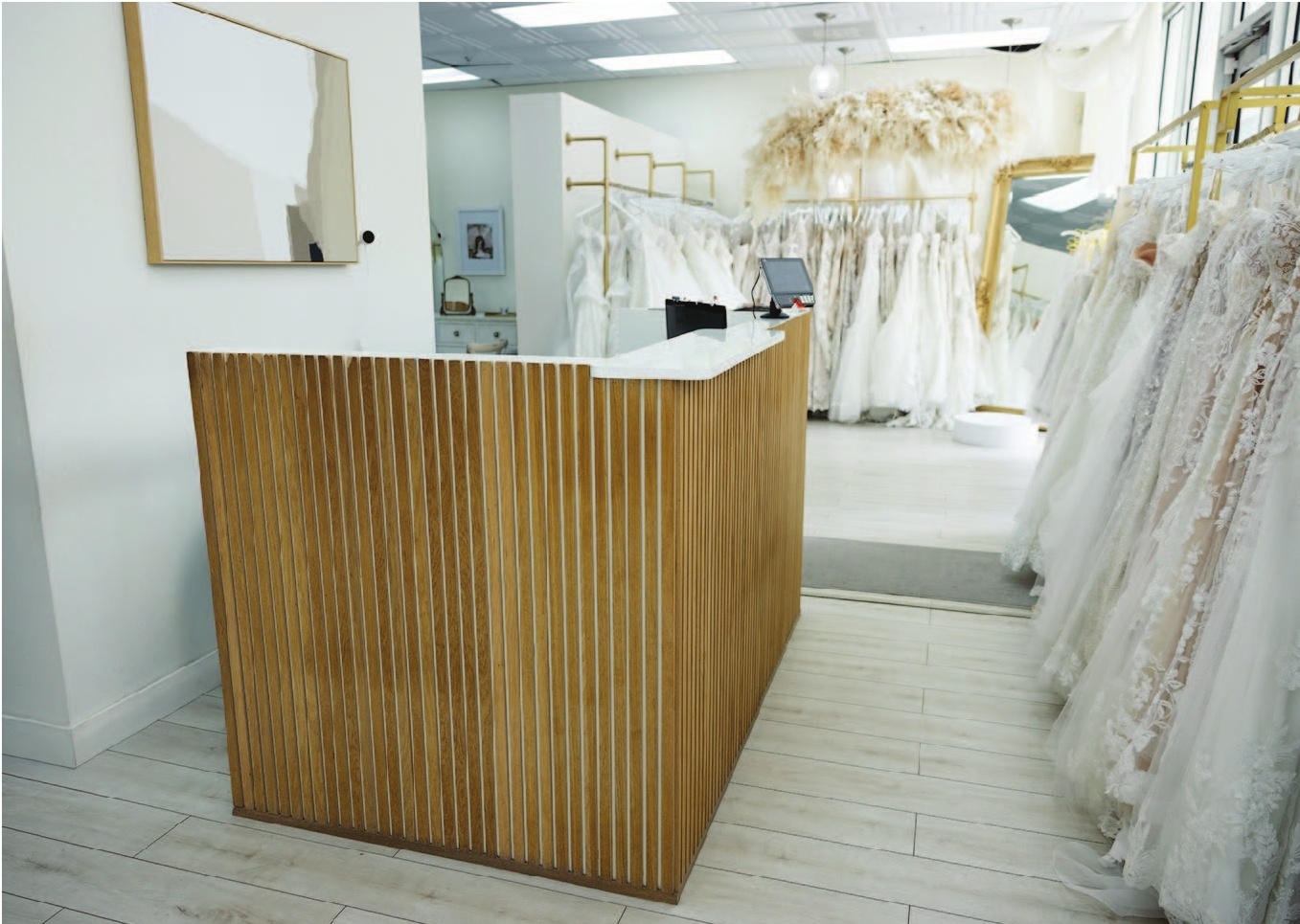 a reception desk in a bridal shop